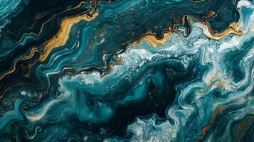 Painting of a blue ocean with gold swirls and specks. The painting has a dreamy, ethereal quality to it, with the blue and gold colors blending together to create a sense of movement and depth photo
