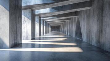 Long, narrow hallway with a lot of light shining on the floor. The walls are made of concrete and the floor is made of concrete as well. The hallway is empty and the light is coming from the ceiling photo