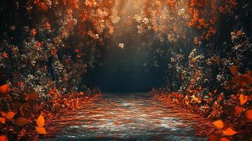 Forest with a path through it. The path is lined with leaves and the trees are orange photo
