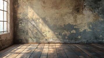 Room with a window and a wall with a lot of cracks. The room is empty and has a lot of sunlight coming in through the window photo