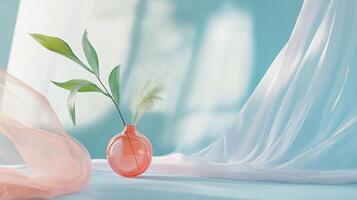 Vase with a plant in it sits on a table. The vase is red and the plant is green. The scene is set against a blue background photo
