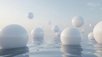 Large number of white spheres are floating in the water. The scene is serene and peaceful, with the water reflecting the light from the sun. The bubbles seem to be floating effortlessly photo