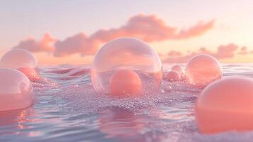 Series of pink spheres floating in the water. The spheres are of different sizes and are scattered throughout the water. The scene has a dreamy, ethereal quality to it photo