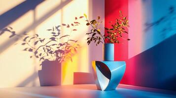 Vase with a plant in it sits on a table in a room with a window. The sunlight is shining on the vase, creating a shadow on the wall. The room has a modern and minimalist design, with a blue photo