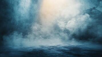 The sky is filled with smoke and the light is shining through it, creating a hazy and mysterious atmosphere. The blue sky is dotted with white clouds, adding a touch of serenity to the scene photo