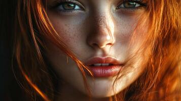 Woman with red hair and freckles is shown with her mouth open. The image has a warm and inviting mood, as the woman's smile and the red hair give off a friendly and approachable vibe photo