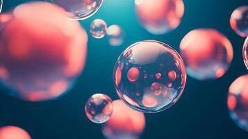 Bunch of red and blue spheres are floating in the air. The spheres are of different sizes and are scattered all over the image. The image has a dreamy and surreal feel to it photo