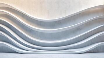 White wall with a series of white lines that create a wave-like pattern. The wall appears to be made of concrete and has a modern, minimalist design photo