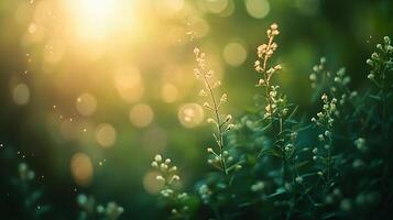 Field of green grass with sun shining on it. The sun is casting a warm glow on the grass, making it look vibrant and lively photo