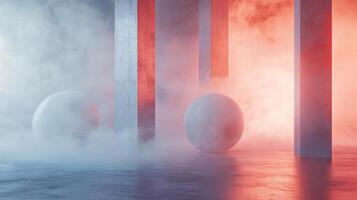 Blurry image of two white spheres and two red pillars. The spheres are surrounded by a foggy mist and the pillars are red and white. Scene is mysterious and ethereal photo