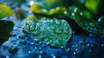 Leaf is sitting on top of a body of water with raindrops on it. The water is calm and the leaf is surrounded by a peaceful atmosphere photo