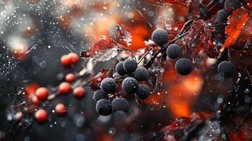Close up of a branch with berries on it. The berries are black and the branch is covered in snow photo