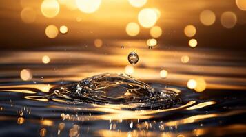 Drop of water falls into a body of water, creating ripples and splashes. The water is calm and still, with a warm, golden glow in the background. Concept of tranquility and peacefulness photo
