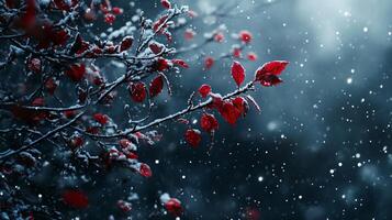 Branch covered in snow and red leaves. The snow is falling and the leaves are still green photo