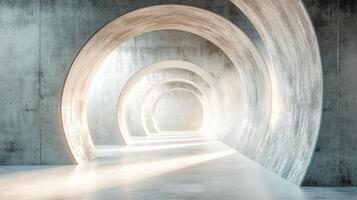 Large, curved tunnel with a white ceiling. The tunnel is empty and the light is shining through the ceiling photo