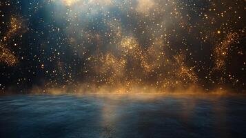 Dark room with a blue background and a large amount of gold glitter. The room is empty and the glitter is falling from the ceiling photo