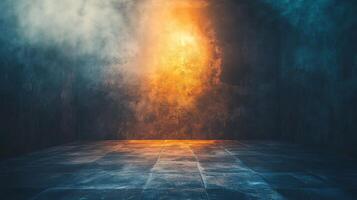Dark room with a wall that is covered in graffiti and a light shining on it. The room is empty and the light is creating a dramatic effect photo