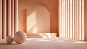 Room with a pink wall and a white archway. The archway is made of stone and has a window above it. There are two round objects on the floor, one of which is a ball. The room is empty photo