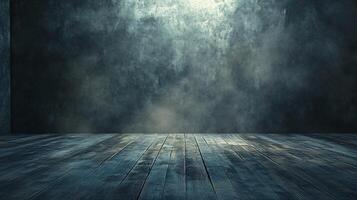 Dark room with a wooden floor and a wall. The room is empty and has a moody atmosphere photo