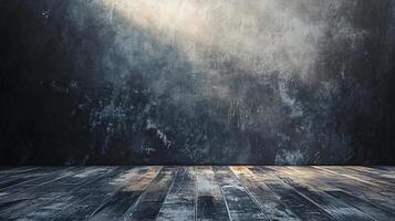 Dark room with a wooden floor and a wall with a lot of cracks. The room is empty and has a very gloomy atmosphere photo