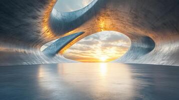 Large, curved space with a sun shining through a hole in the ceiling. The sun is setting, casting a warm glow on the scene photo