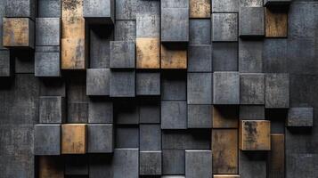 Wall made of gray and gold blocks with a unique design. The blocks are arranged in a way that creates a visually interesting pattern. The wall is made of gray and gold blocks photo