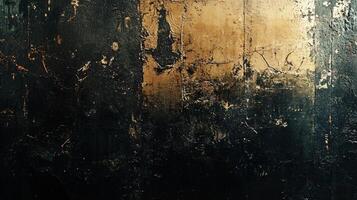 Black and gold wall with a lot of texture. The wall is covered in a lot of cracks and has a lot of dirt on it photo