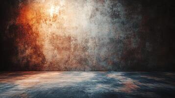 Large, empty room with a wall that is covered in graffiti. The wall is covered in a variety of colors and patterns, giving the room a chaotic and edgy feel. The room is dimly lit photo
