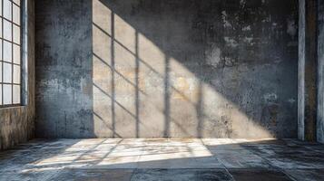 Large, empty room with a window that lets in sunlight. The room is bare and empty, with no furniture or decorations. The sunlight shining through the window creates a warm, inviting atmosphere photo