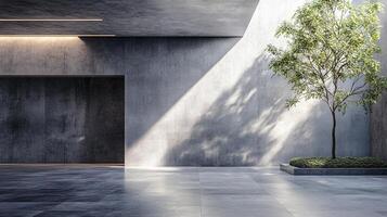 Large tree is growing in a courtyard with a concrete wall. The tree is in the middle of the courtyard and is surrounded by a small garden. The courtyard is empty photo