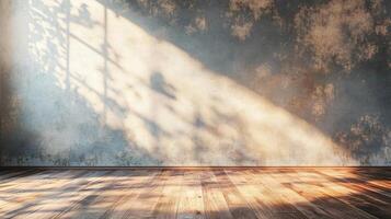 Room with a large window that is letting in sunlight. The room is empty and has a wooden floor photo