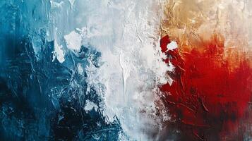 Painting with blue, white and red colors. The painting is abstract and has a lot of texture. The colors seem to be splattered on the wall, giving it a rough and unfinished look photo