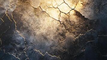 Cracked wall with a yellow spot in the middle. The wall is made of concrete and has a rough texture photo