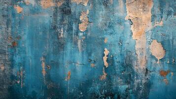 Blue wall with a lot of cracks and peeling paint. The wall is covered in a variety of textures and colors, giving it a worn and weathered appearance. Scene is one of decay and abandonment photo