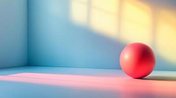 Red ball is sitting on a blue floor in a room with a window. The light shining on the ball creates a warm and inviting atmosphere photo