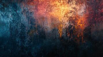 Colorful abstract painting with a blue background and orange and yellow splatters. The painting is full of energy and movement, with the colors blending and overlapping in a dynamic way photo