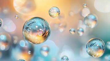Series of small, clear, round bubbles floating in the air. The bubbles are of various sizes and are scattered throughout the image. Scene is light and playful photo