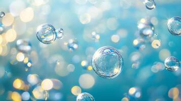 Series of small, clear bubbles floating in the air. The bubbles are scattered throughout the scene, with some closer to the foreground and others further in the background photo