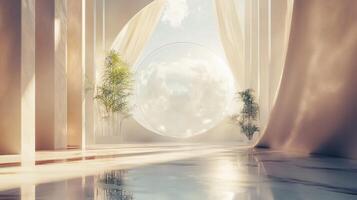 White room with a large circular window and two potted plants. The room is empty and the plants are the only objects in the room. The plants are placed on either side of the window photo