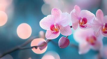 Close up of a pink flower with a blue background. The flower is the main focus of the image and it is in full bloom. The blue background adds a sense of calmness and serenity to the scene photo