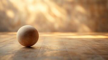 Small, round object sits on a wooden table. The object is brown and he is a ball. The table is empty and the room is dimly lit photo