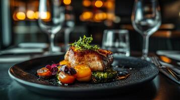 Plate of food with a piece of meat and vegetables on it. The plate is set on a table with a wine glass and a fork. Scene is elegant and sophisticated photo