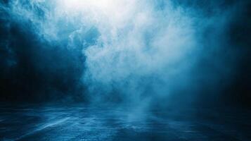 The sky is filled with a thick layer of blue smoke, creating a mysterious and ominous atmosphere. The smoke seems to be floating above the ground photo