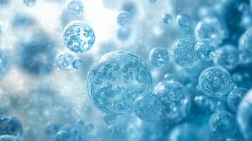 Blue background with many small blue spheres. The spheres are all different sizes and are scattered throughout the image. Scene is calm and serene, as the blue color photo