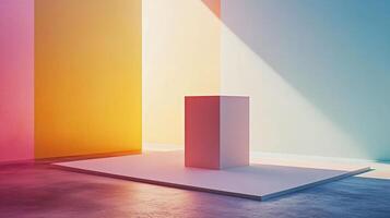 Cube is standing in a room with colorful walls. The cube is white and the walls are multicolored. The room has a modern and abstract feel to it photo