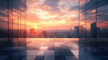 City skyline with a beautiful sunset in the background. The sky is filled with clouds, and the sun is setting, casting a warm glow over the city. The buildings are tall and reflective photo