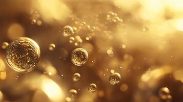 Gold colored background with many small bubbles floating in the air. The bubbles are of different sizes and are scattered throughout the image. Scene is light and playful photo