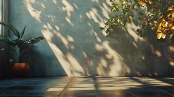Plant sits in a pot on a concrete floor, with a wall in the background. The plant casts a shadow on the floor, creating a sense of depth and dimension. The scene is simple and minimalistic photo