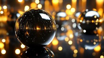 Close up of a shiny gold ball with a dark background. The ball is surrounded by a lot of light, giving it a shiny and reflective appearance. Scene is one of luxury and elegance photo