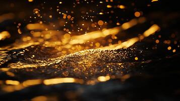 The image is of a body of water with a lot of gold glitter in it. The glitter is scattered throughout the water, creating a shimmering effect. The water appears to be calm and peaceful photo
